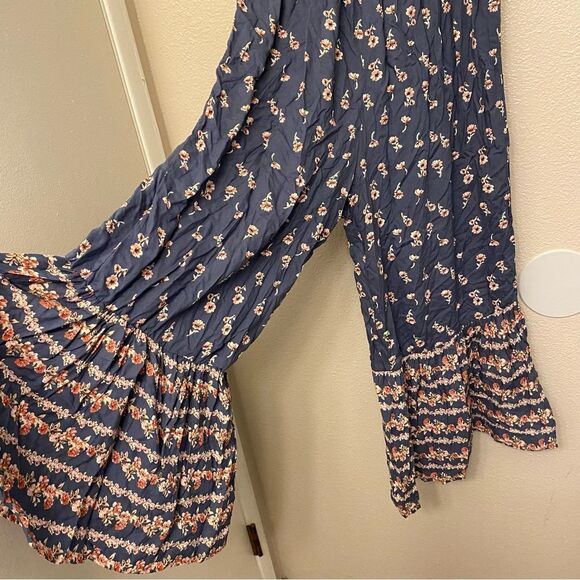 Japna smocked ruffle strapless jumpsuit wide leg palazzo romantic blue floral M - Picture 11 of 11